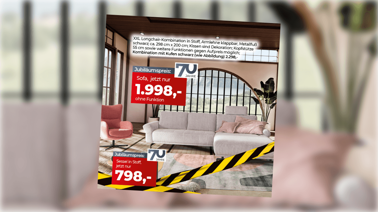 Jubiläumsangebot für XXL Longchair-Kombination in grau für 1.998€ und Sessel für 798€, 70 Jahre Jubiläum, modernes Wohnzimmer mit Loft-Charakter