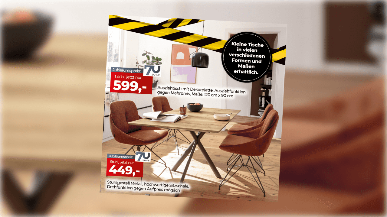 Jubiläumsangebot für Esstisch (599€) und Stühle (449€) - moderne Esszimmergarnitur mit rostbraunen Stühlen und Holztisch, 70 Jahre Jubiläum, kleine Tische in verschiedenen Formen verfügbar