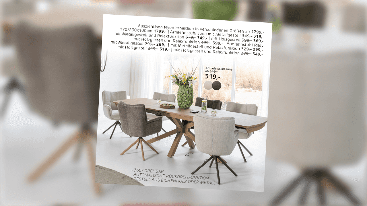 Ausziehbarer Nyon Esstisch ab 1799€ mit Armlehnstühlen Juno ab 319€, helles Esszimmer mit 360° drehbaren Stühlen, automatische Rückdrehfunktion, Gestell aus Eichenholz oder Metall