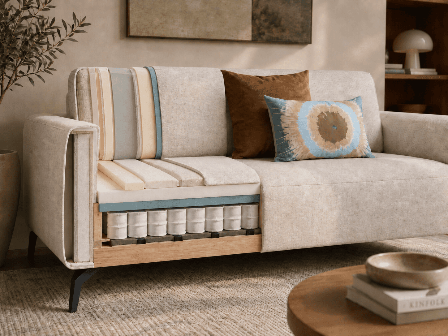 H&H 2,5 Sofa mit hellem Stoffbezug, sichtbarem Federkern-Polsteraufbau und dekorativen Kissen in wohnlicher Einrichtung.
