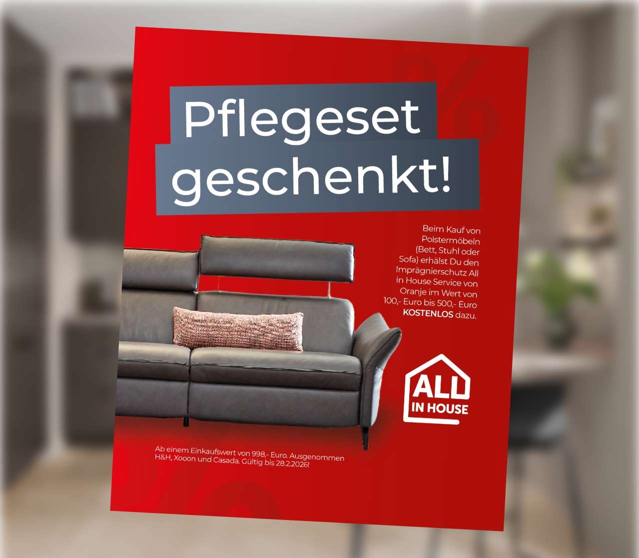 Rotes Werbeplakat mit grauem Polstersofa und dem Hinweis auf ein kostenloses Pflegeset beim Möbelkauf.