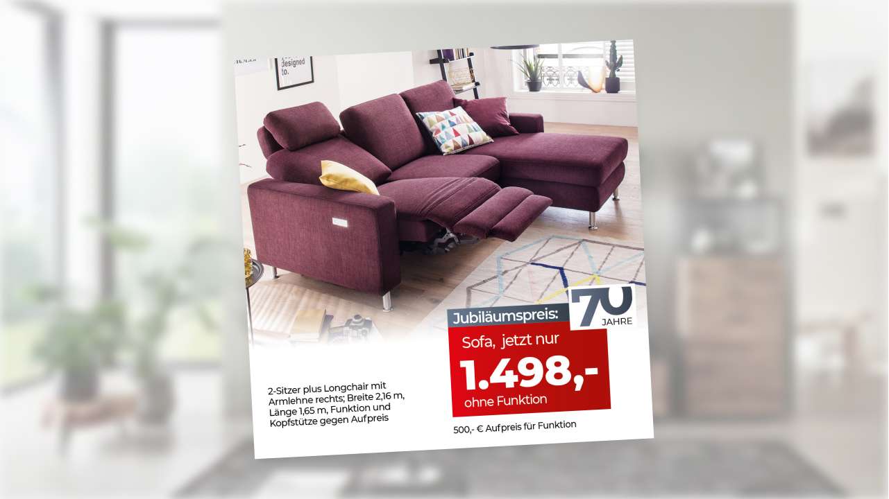 Sofa, 2-Sitzer plus Longchair mit Armlehne rechts; Breite 2,16 m, Länge 1,65 m