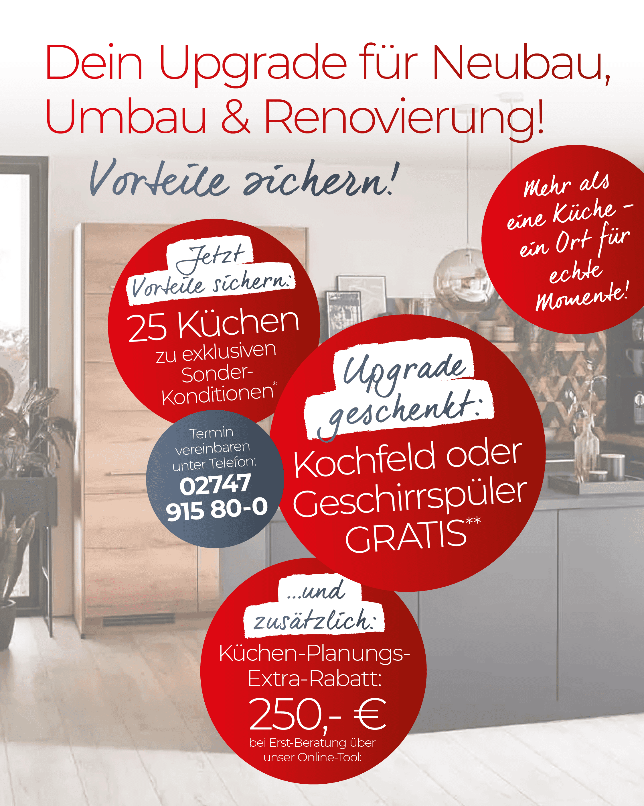 Werbegrafik für Küchenaktion von Möbelhaus Kranz mit Vorteilen für Neubau, Umbau und Renovierung, inklusive Sonderkonditionen für 25 Küchen, gratis Kochfeld oder Geschirrspüler sowie zusätzlichem Planungsrabatt