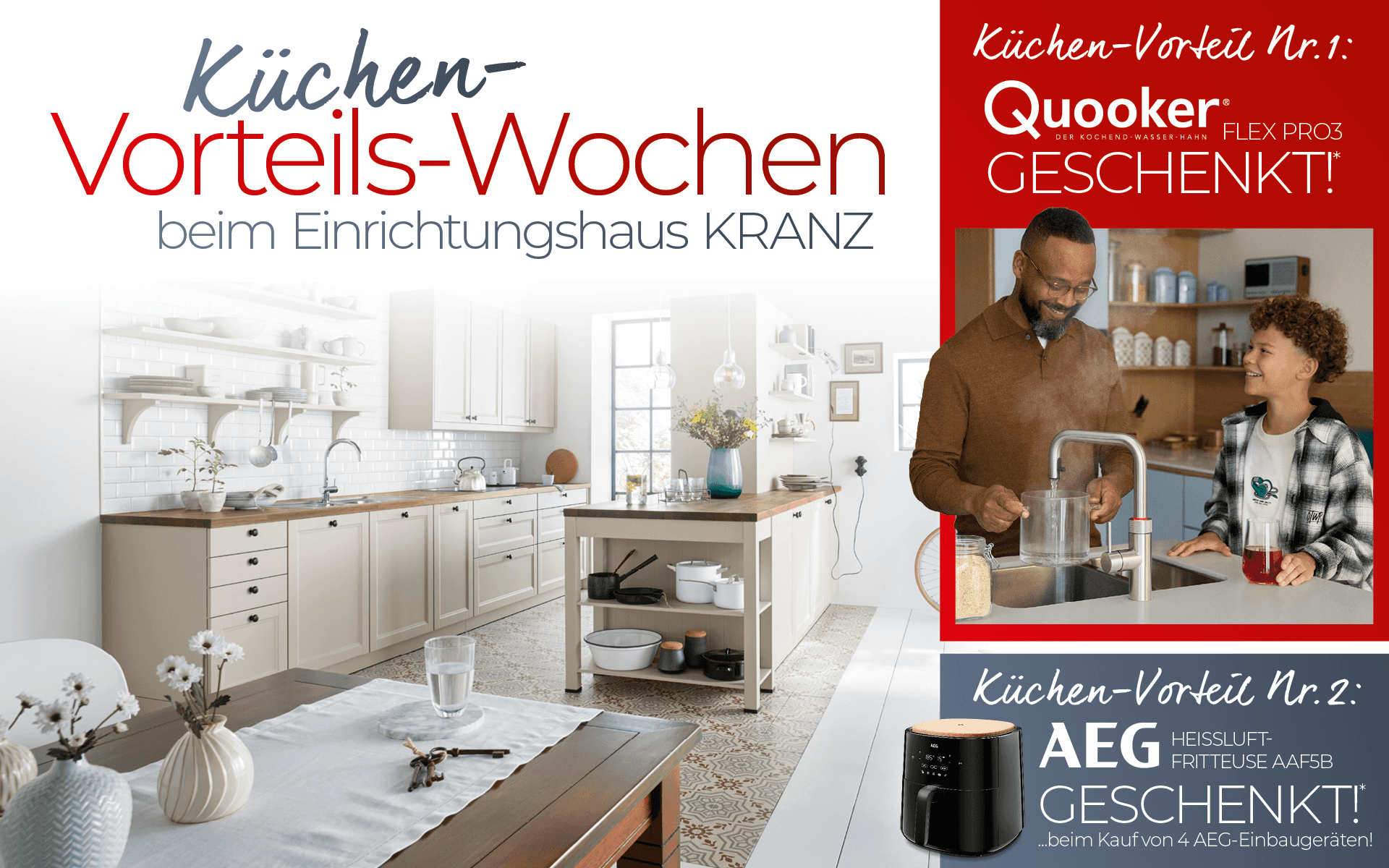 Banner „Küchen-Vorteils-Wochen“ mit heller Landhausküche, offenen Regalen und Kücheninsel.