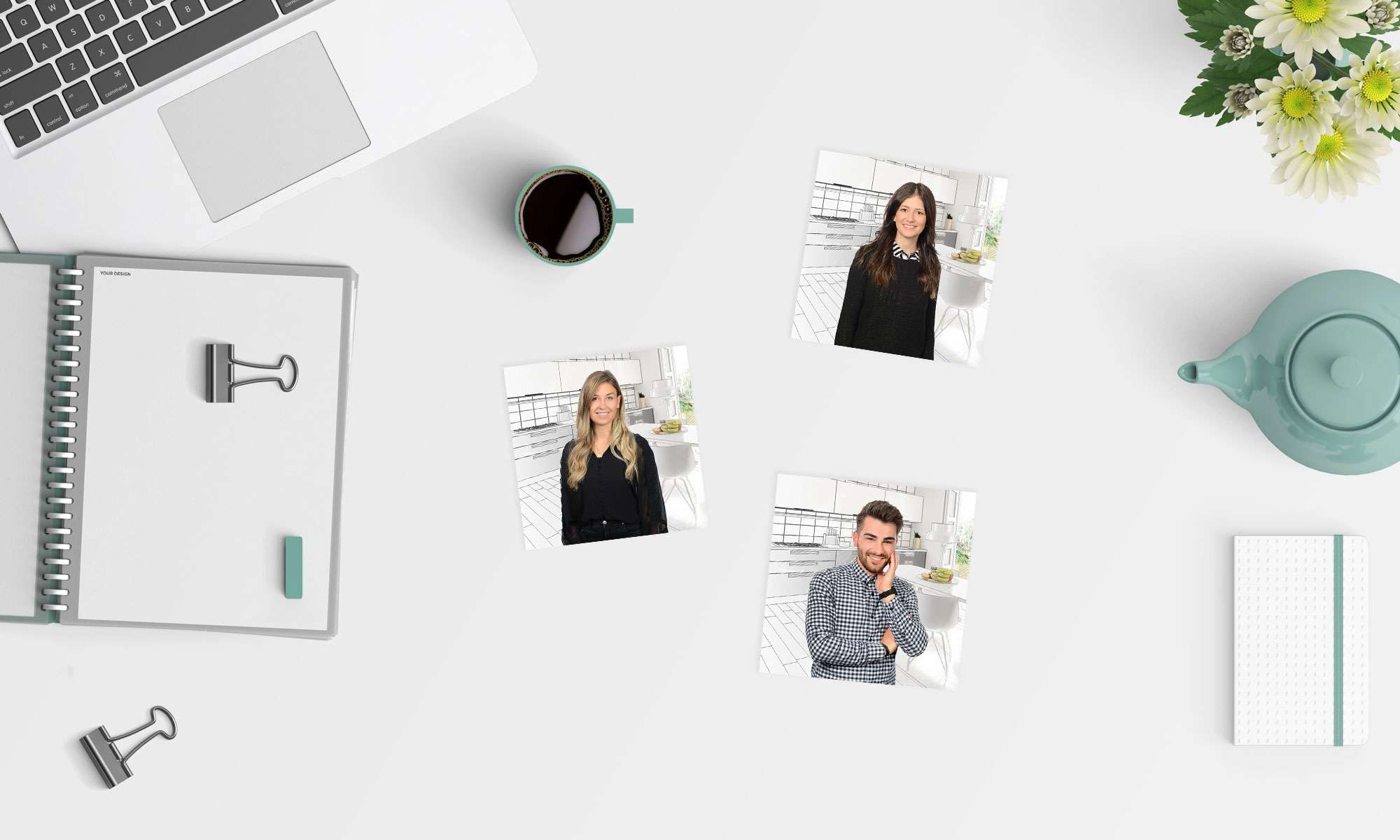 Schreibtisch auf dem Teamfotos des Möbelhauses liegen