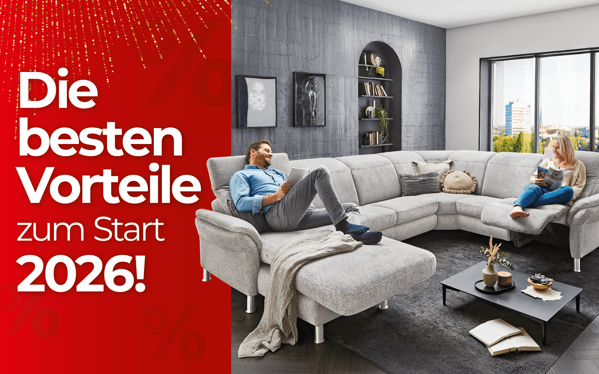 Werbegrafik mit großem Ecksofa in modernem Wohnzimmer und dem Text ‚Die besten Vorteile zum Start 2026!