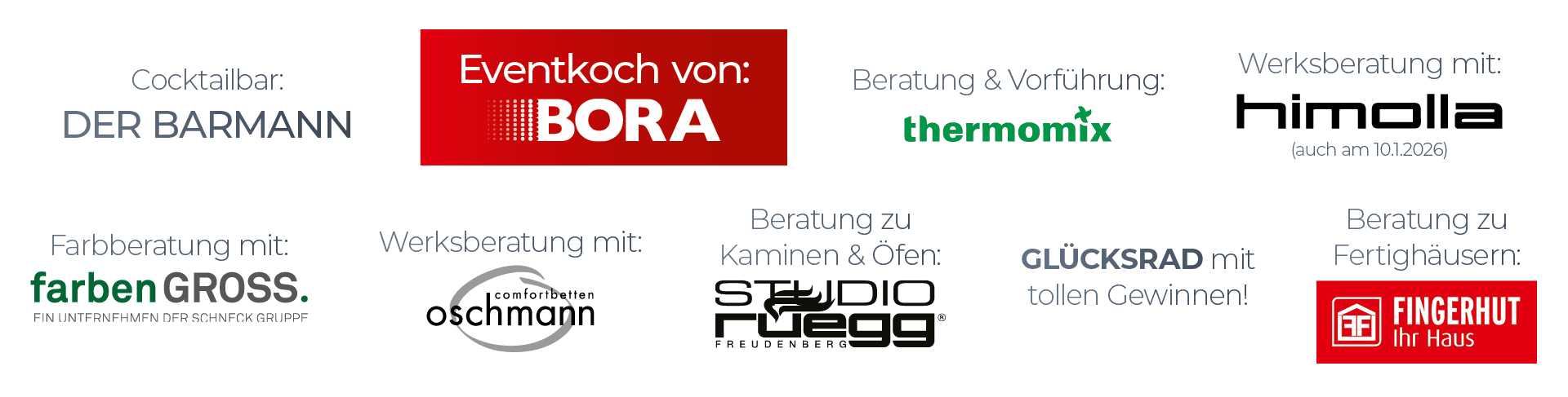 Übersichtsgrafik mit Logos und Hinweisen zu Aktionen und Beratungsangeboten, darunter Cocktailbar, Eventkoch von BORA, Thermomix-Vorführung, Werksberatung von himolla und Oschmann, Farbberatung, Kamin- und Ofenberatung, Glücksrad sowie Beratung zu Fertighäusern von Fingerhut.