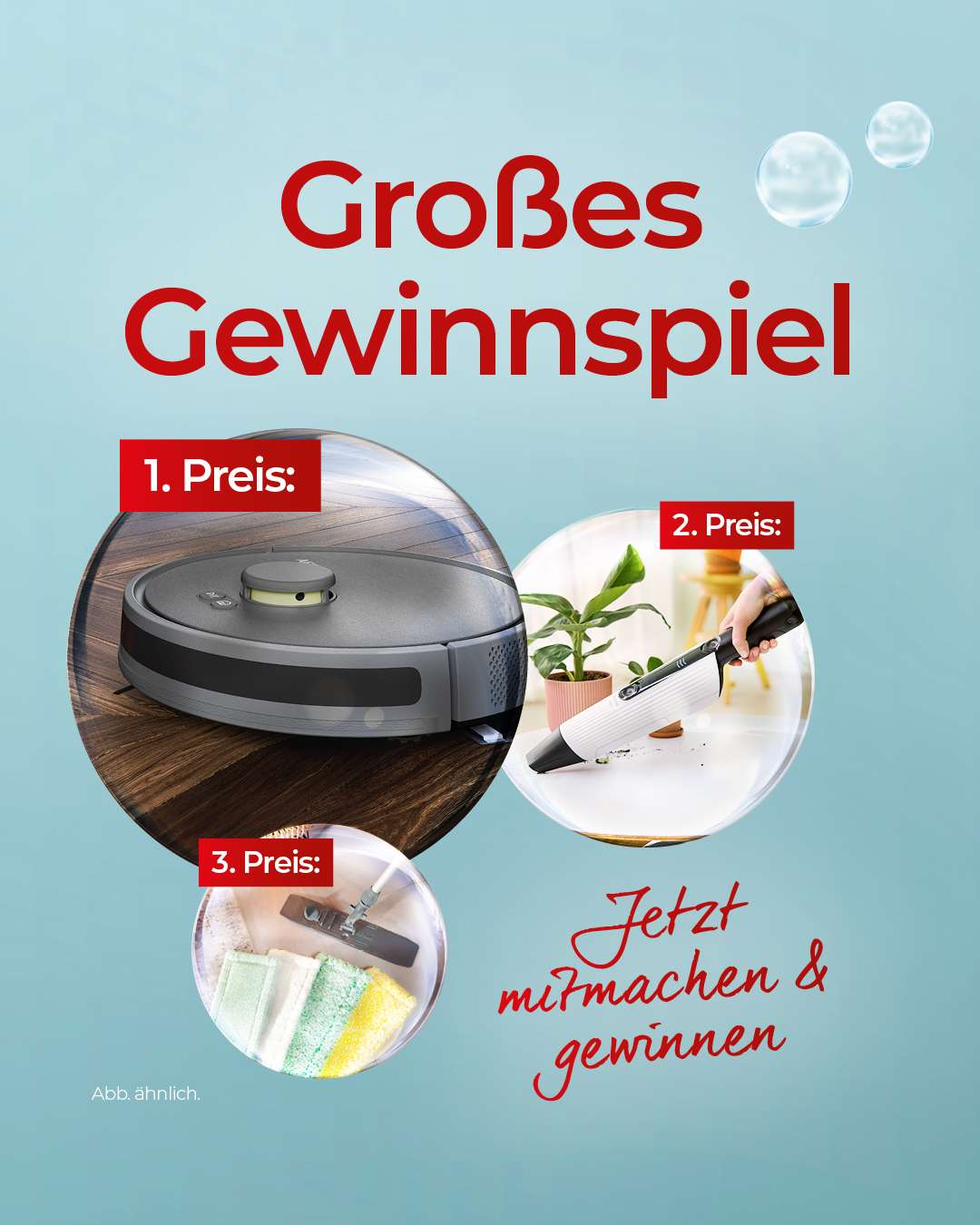 Großes Gewinnspiel zum Kranz Frühjahrsputz mit drei Preisen: Ein Saug- und Wischroboter als erster Preis, ein Handstaubsauger als zweiter Preis und ein Putzset als dritter Preis – jetzt mitmachen und gewinnen.
