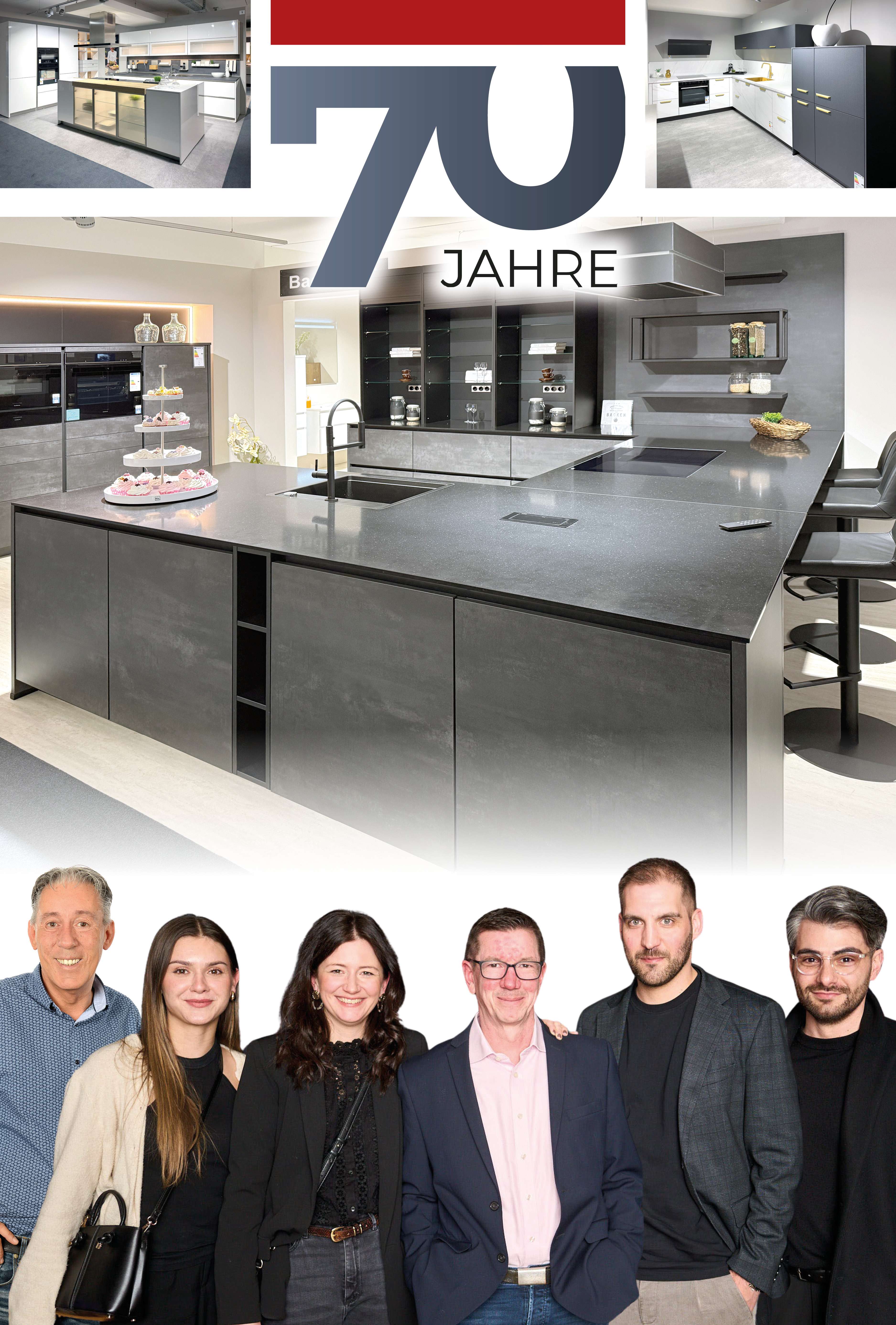 70-Jahre-Jubiläumscollage eines Küchenstudios: Moderne Küchenausstellungen in verschiedenen Designs mit großer anthrazitfarbener Showküche mit Kochinsel im Zentrum, Teamfoto von sechs Mitarbeitern im unteren Bereich.