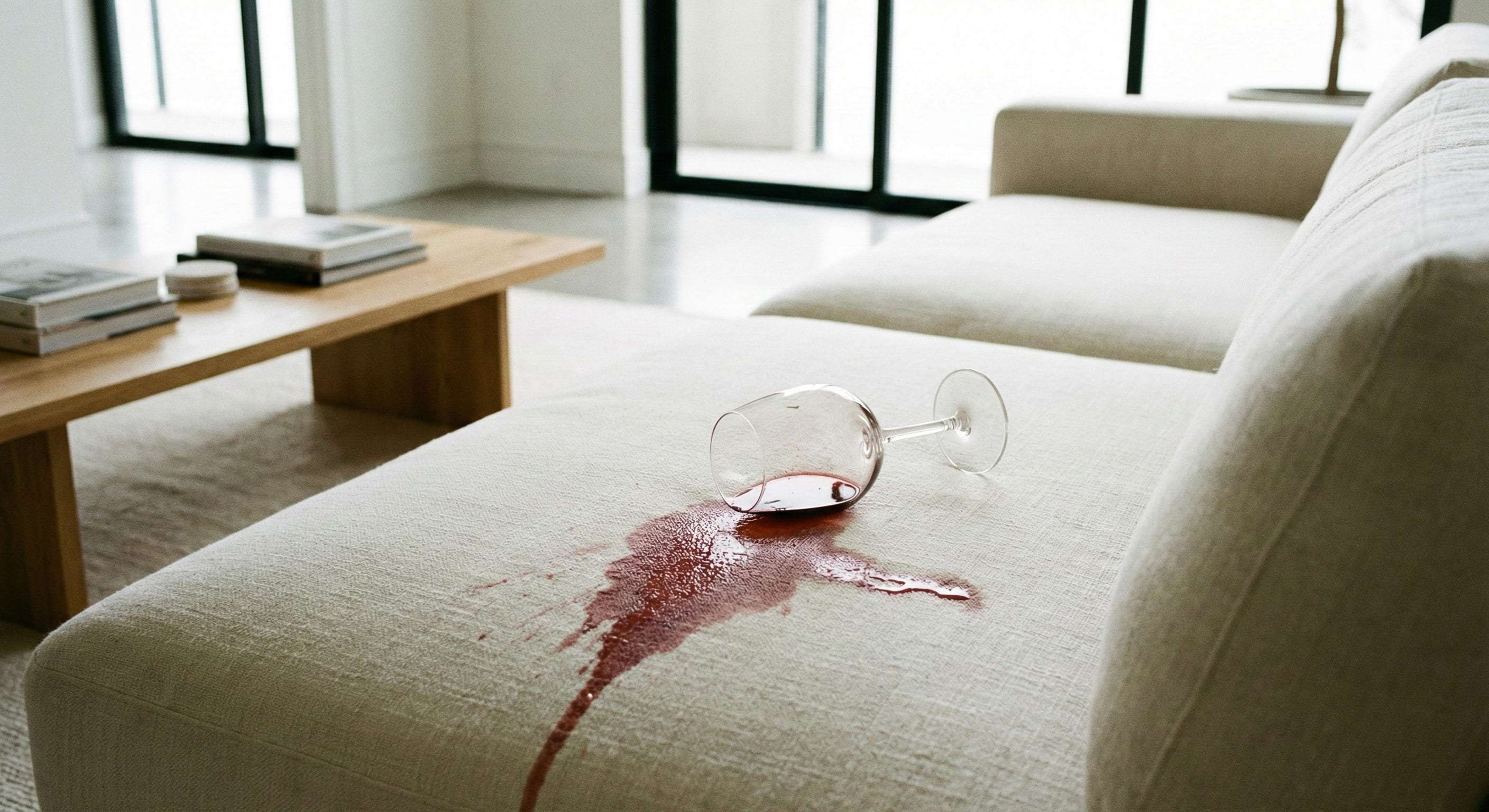 Umgekippter Weinglas mit verschüttetem Rotwein auf einem hellen Sofa in einem modernen Wohnzimmer.